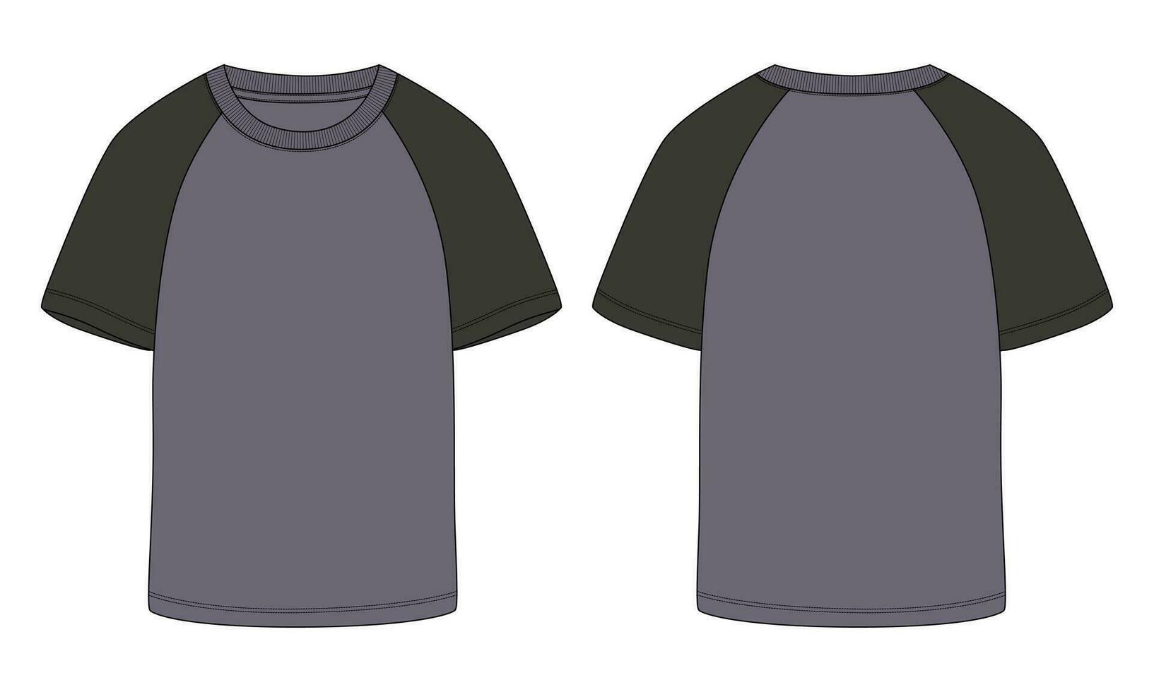 kurzärmliges raglan-t-shirt technische mode flache skizzenvektorillustrationsschablonenvorder-, rückansichten vektor