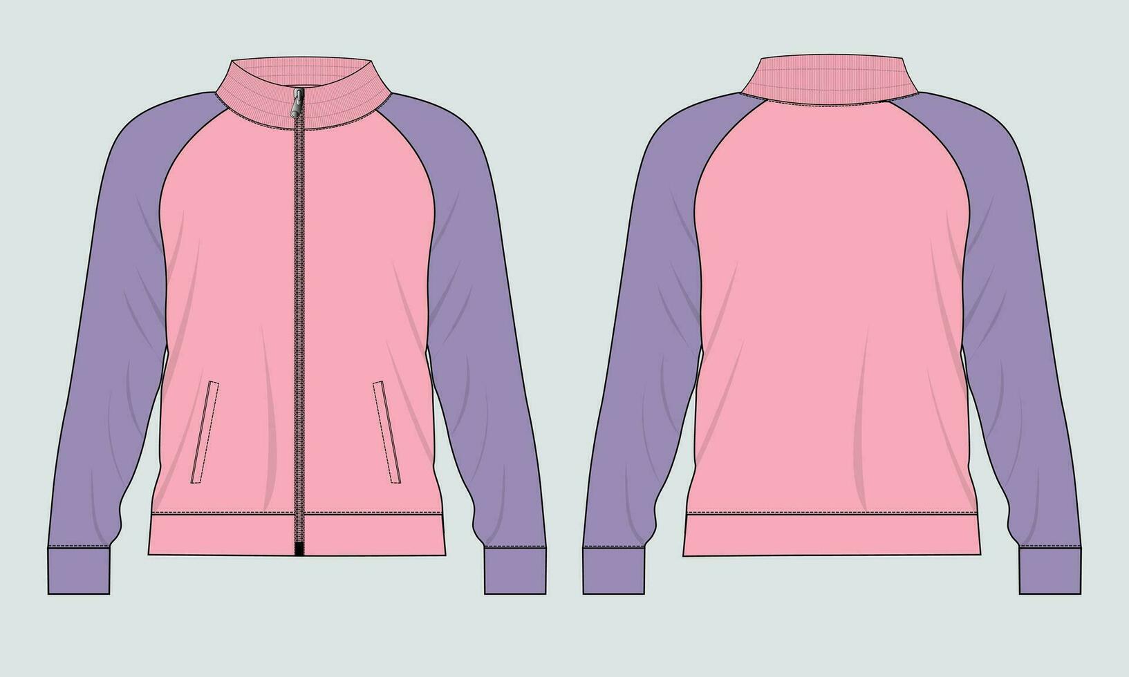 Langarmjacke mit Tasche und Reißverschluss Technische Mode flache Skizzenvektorillustrationsvorlage Vorder- und Rückansichten. Sweatshirtjacke aus Fleece-Jersey für Herren und Jungen. vektor