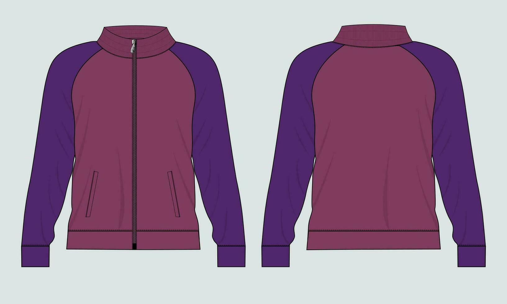långärmad jacka med ficka och dragkedja teknisk mode platt skiss vektor illustration mall fram- och baksida. sweatshirtjacka i fleecejersey för män och pojkar.