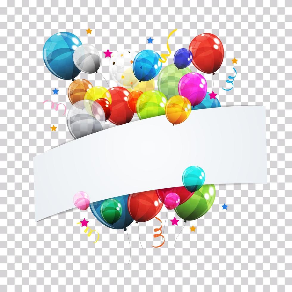 färben Sie glänzende Luftballons und Konfetti auf transparenter karierter Hintergrundvektorillustration vektor