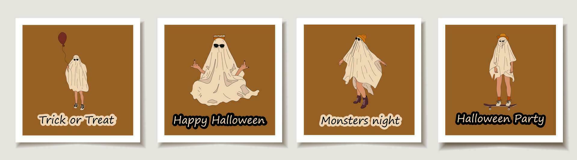 uppsättning av halloween kort med uppsättning av fyra människor i halloween kostym. spöke. platt design stil vektor illustration.hälsning kort med magi föremål.