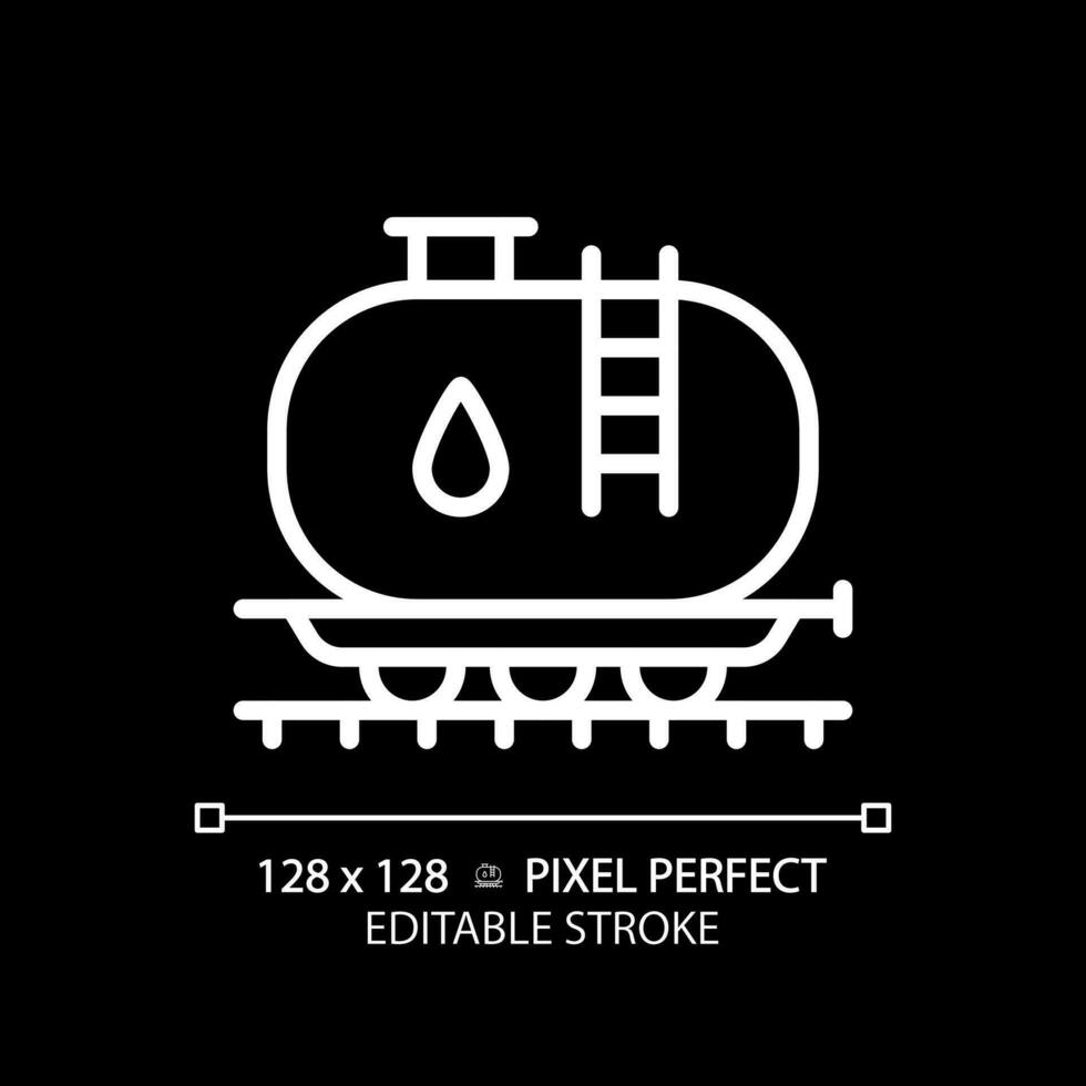 Panzer Auto Pixel perfekt Weiß linear Symbol zum dunkel Thema. Benzin Transport. Eisenbahn Wagen. Diesel Kraftstoff. Flüssigkeit Ladung. dünn Linie Illustration. isoliert Symbol zum Nacht Modus. editierbar Schlaganfall vektor