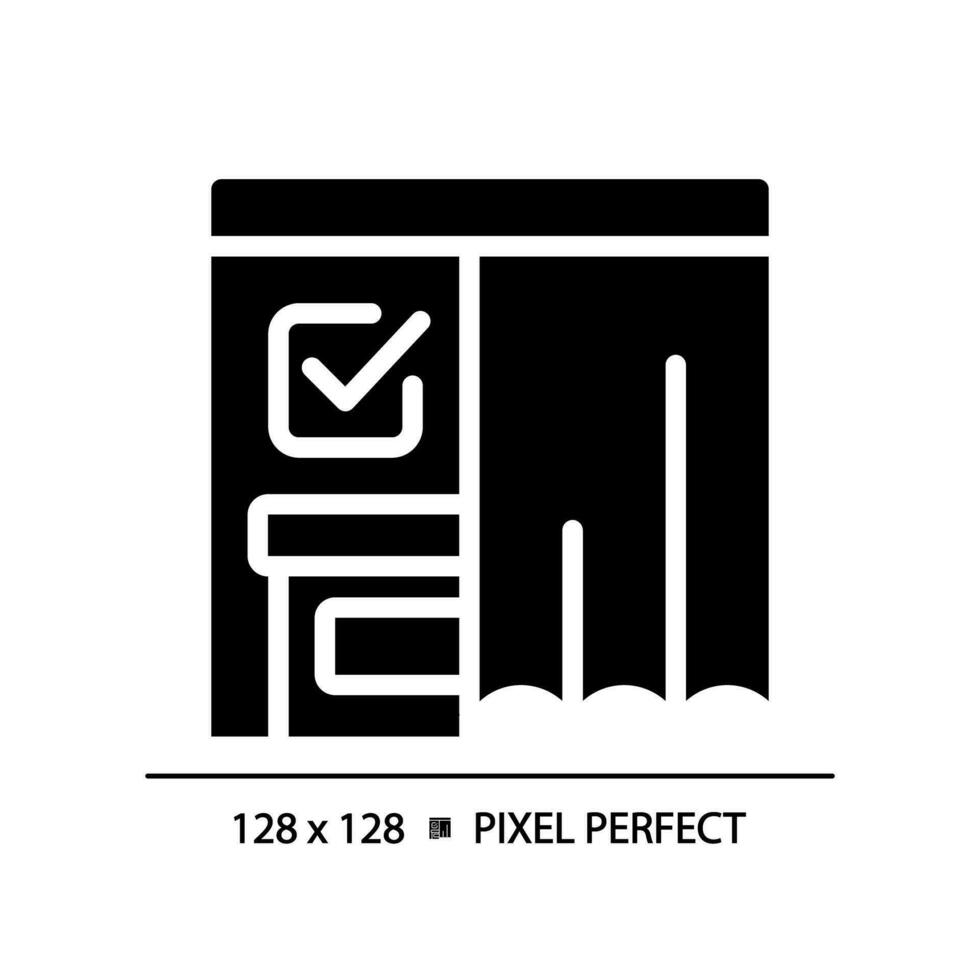 2d Pixel perfekt Glyphe Stil Symbol von Wählen Stand mit Vorhang und Häkchen Zeichen, isoliert Vektor Illustration, eben Design Wahl unterzeichnen.
