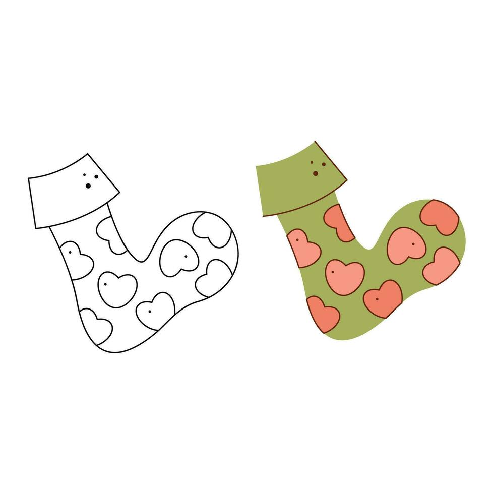 Socke mit Herz Muster. schwarz und Weiß und Farbe Clip Art Vektor Illustration.