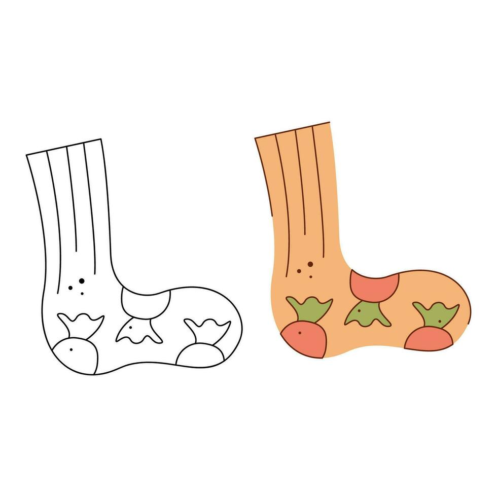 Socke mit Beeren Muster. schwarz und Weiß und Farbe Clip Art Vektor Illustration.