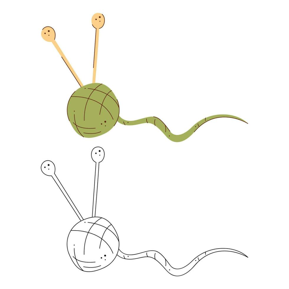 ein Ball mit Stricken Nadeln. schwarz und Weiß und Farbe Clip Art Vektor Illustration.