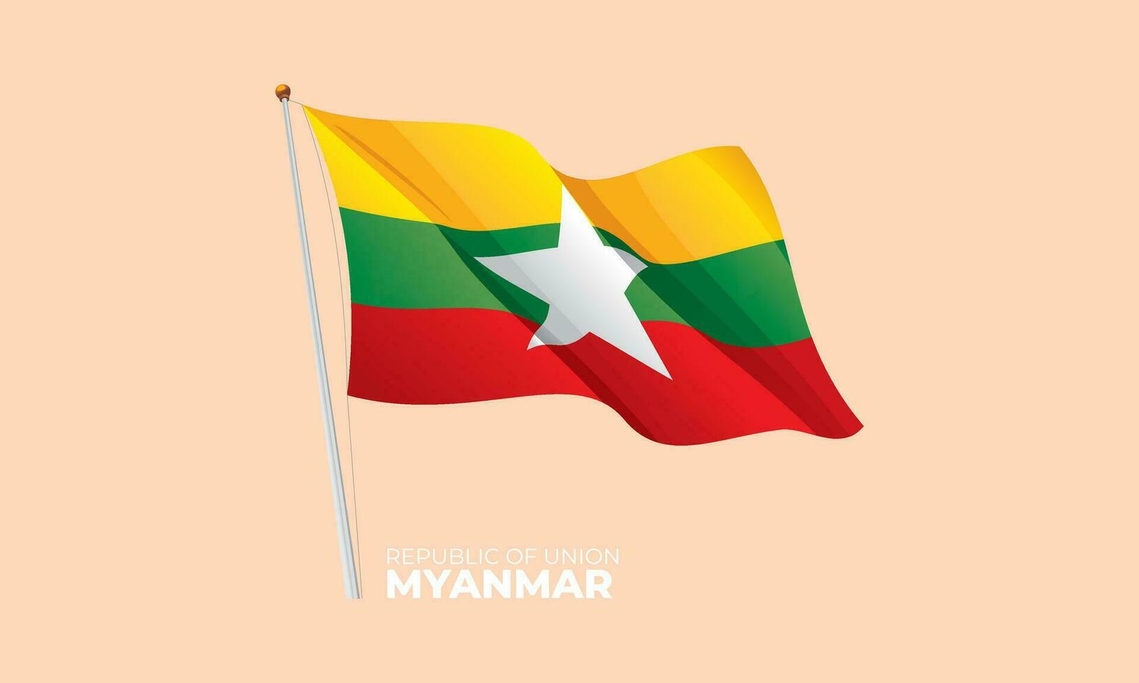 myanmar flagga vinka på de flaggstång. vektor 3d