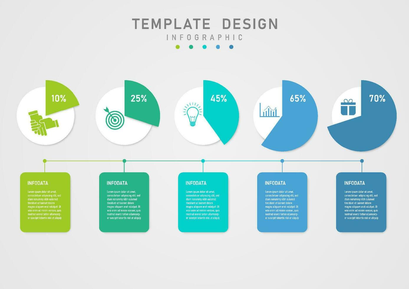 Infografik Vorlage Weiß Kreise mit oben Symbole und Kreise geteilt in mehrfarbig Abschnitte mit Prozentsatz Zahlen über. unten sind mehrfarbig Platz Frames mit Briefe. vektor