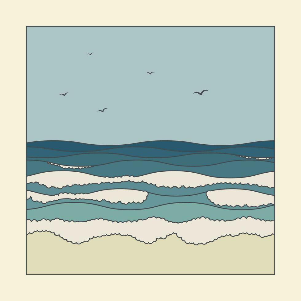 havet landskap med flygande fåglar affisch illustration vektor