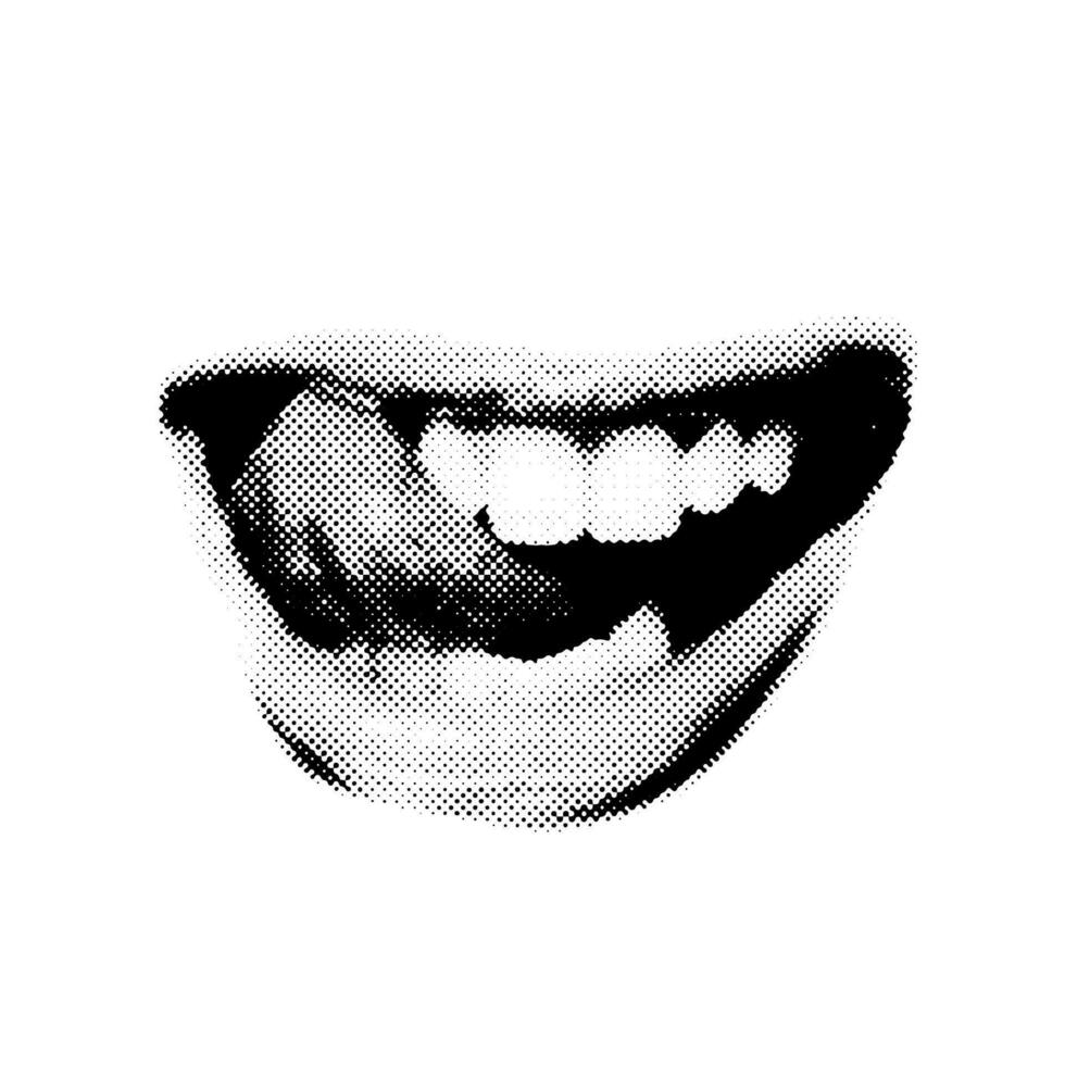 kvinna mun isolerat med tunga ut. skön mun med tänder halvton textur retro collage element för blandad media design årgång prickad stil grunge punk- galen mall i vit bakgrund vektor