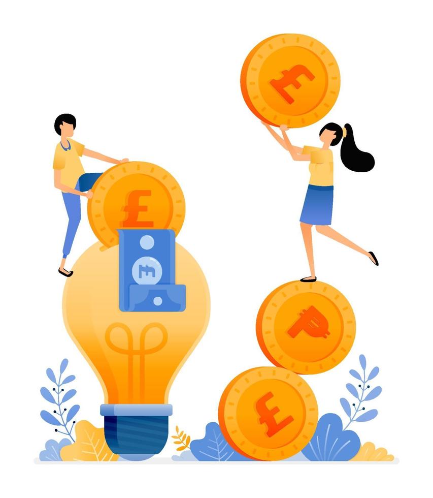 vektor design av priser för att spara idéer och finansiell kompetens människor som håller mynt och lägger pengar i glödlampa illustration kan vara för webbplatser affischer banners mobilappar webb sociala medier