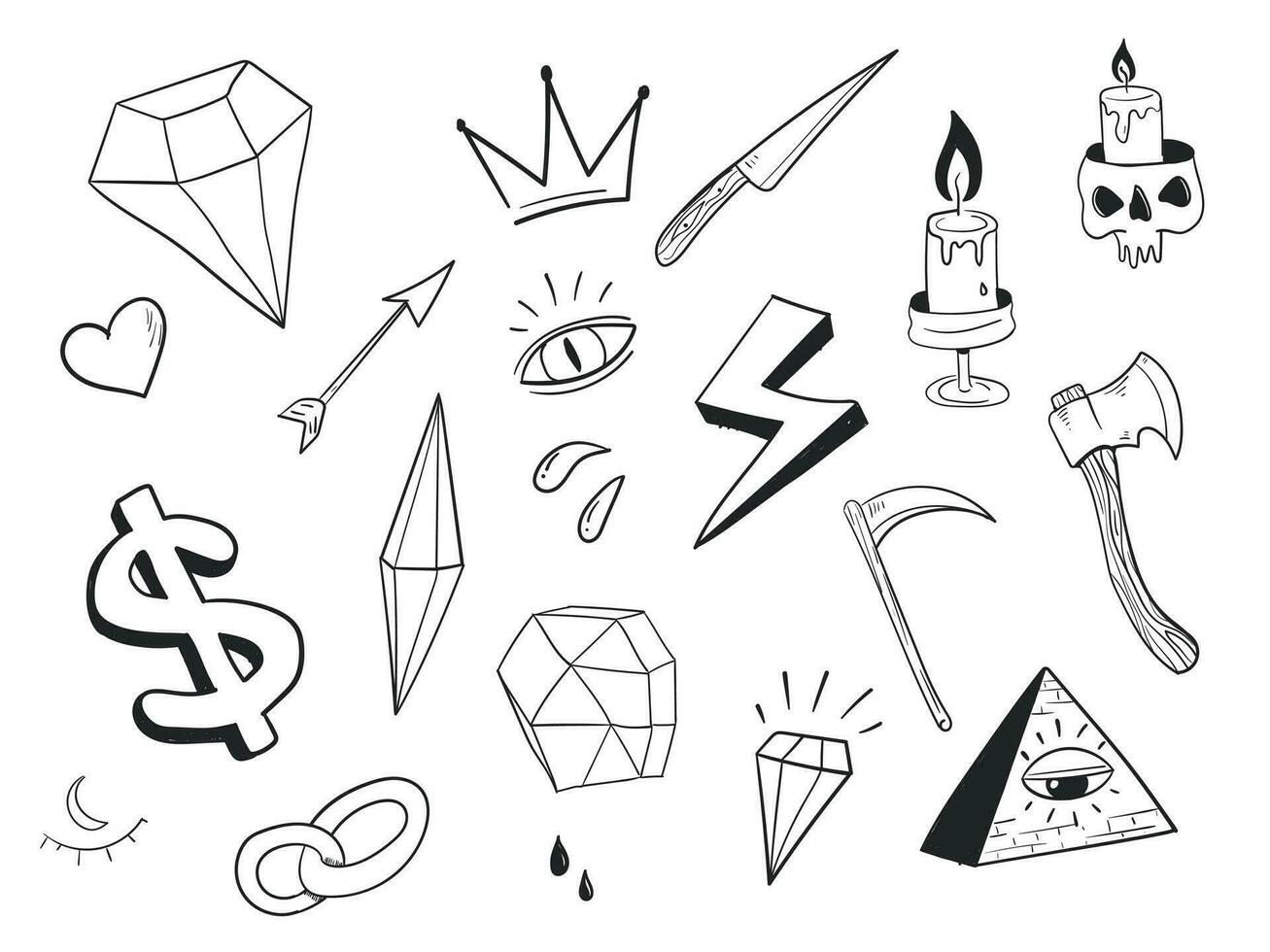 olika tatuering element klotter, diamant, krona, ljus, yxa, öga, skalle vektor