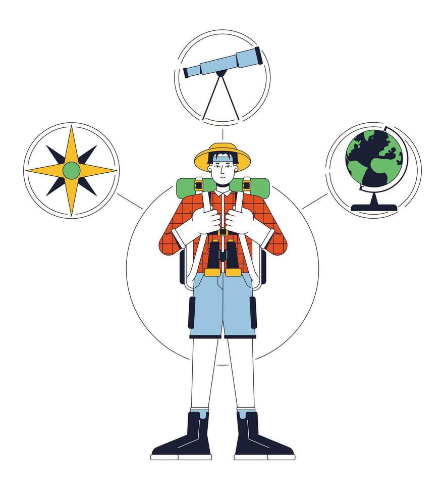 Forscher Person Archetyp eben Linie Konzept Vektor Held Illustration. Reisender mit Rucksack 2d Karikatur Gliederung Charakter auf Weiß zum Netz ui Design. Psychologie editierbar isoliert Farbe Held Bild