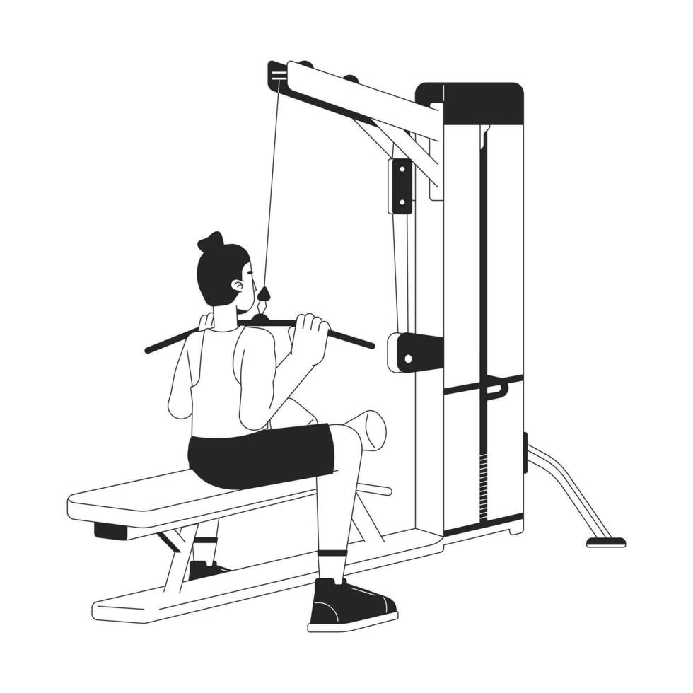 Mann Schleppen Bar Nieder auf lat Pulldown Maschine eben Linie schwarz Weiß Vektor Charakter. editierbar Gliederung voll Körper Person. Fitness Enthusiast einfach Karikatur isoliert Stelle Illustration zum Netz Design