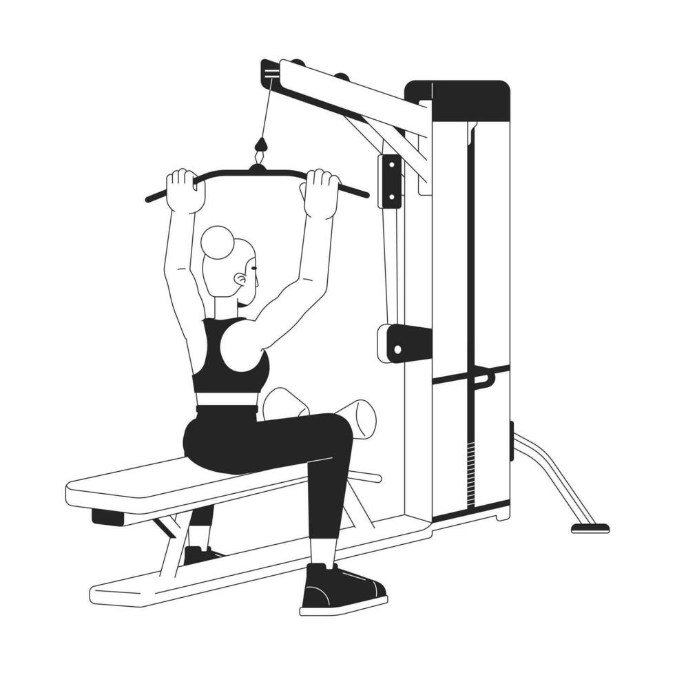 Frau greifen Bar auf lat Pulldown Maschine eben Linie schwarz Weiß Vektor Charakter. editierbar Gliederung voll Körper Person. zunehmend zurück Muskeln einfach Karikatur isoliert Stelle Illustration zum Netz Design