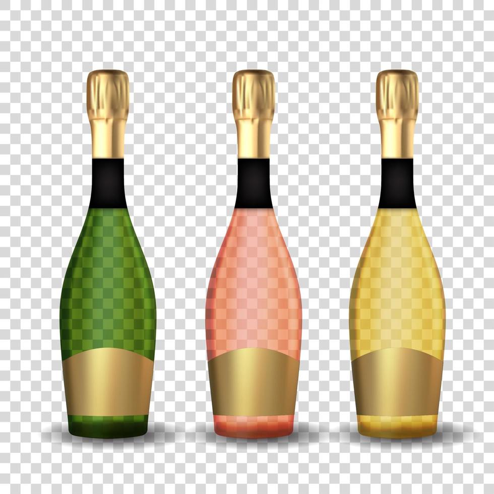 realistisk 3d champagne gyllene, rosa och gröna flaskor uppsättning ikonen isolerad på transparent bakgrund. vektor illustration eps10