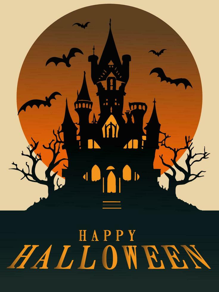 Halloween Kürbis und dunkel Schloss auf Orange Mond Hintergrund, Illustration. vektor