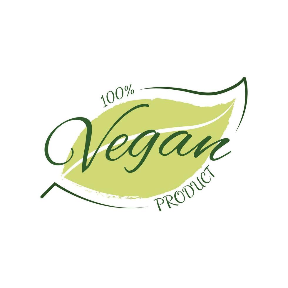 100 Prozent vegan Produkt Aufkleber, Etikett, Abzeichen und Logo. Ökologie Symbol. Logo Vorlage mit Grün Blätter zum vegan Lebensmittel. Vektor Illustration isoliert auf Weiß Hintergrund
