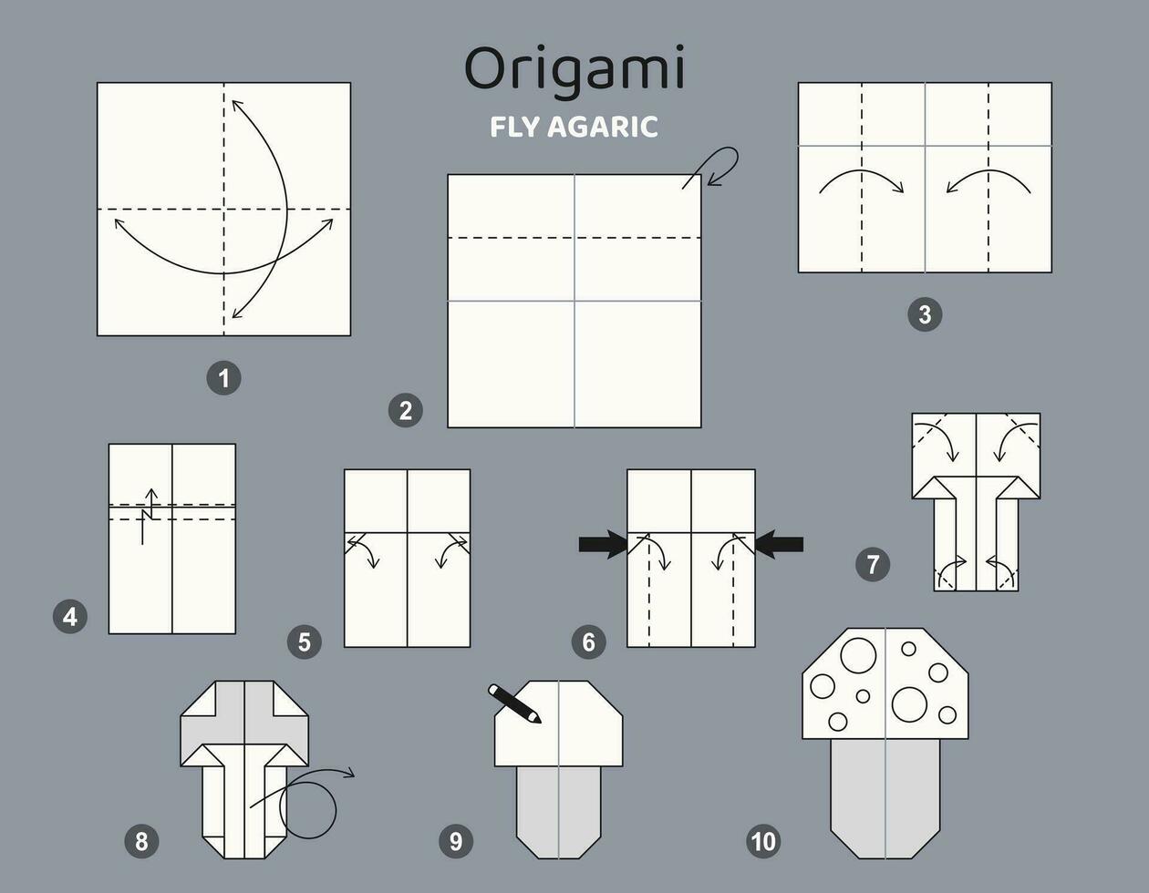 flyga agaric origami schema handledning rör på sig modell. origami för ungar. steg förbi steg på vilket sätt till göra en söt origami svamp. vektor illustration.