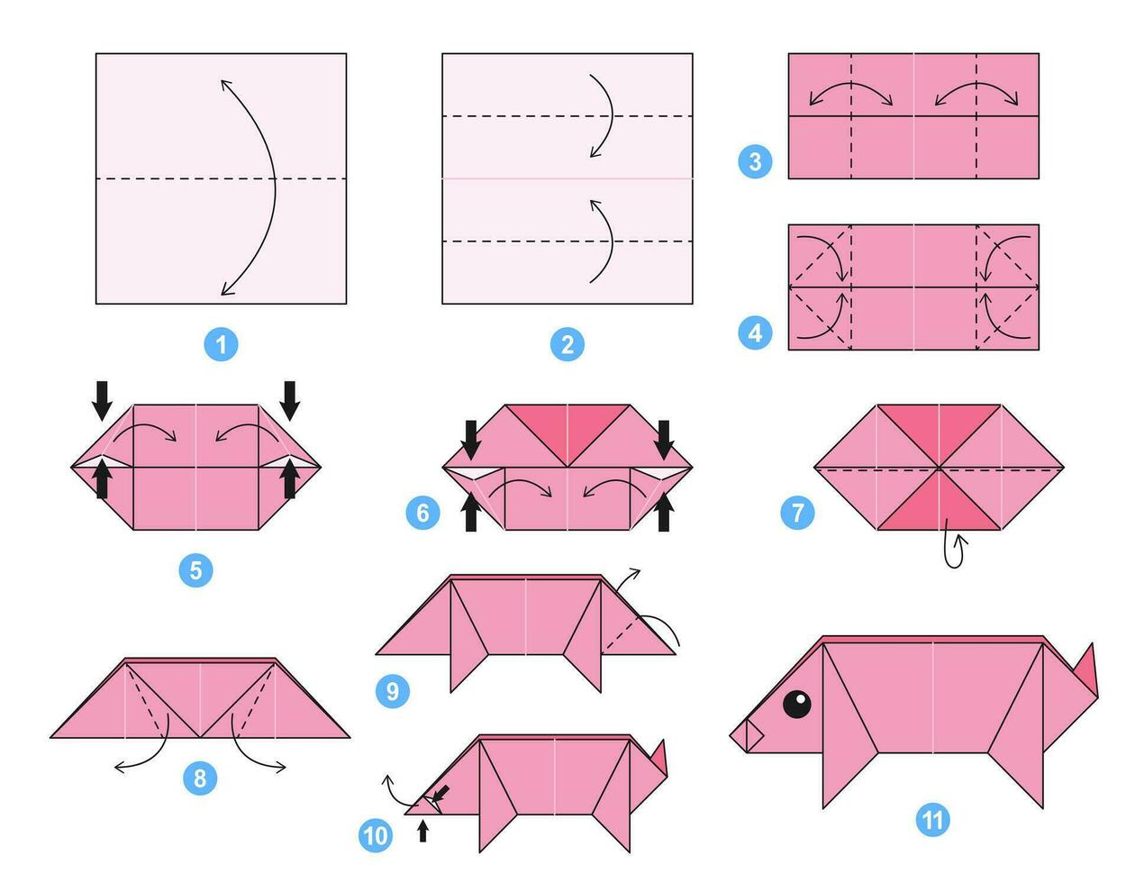 Schwein Origami planen Lernprogramm ziehen um Modell. Origami zum Kinder. Schritt durch Schritt Wie zu machen ein süß Origami Bauernhof Tier. Vektor Illustration.