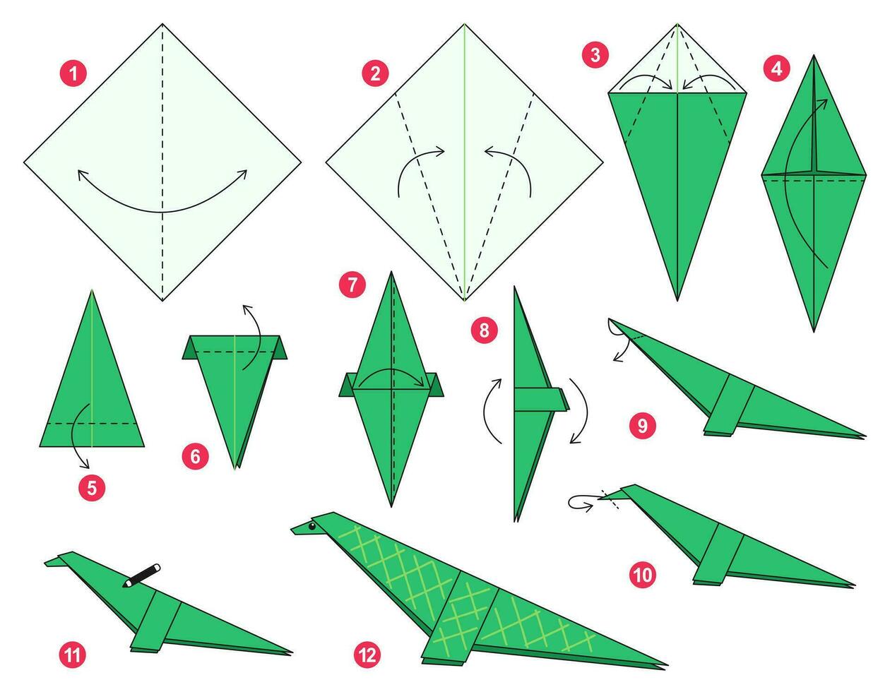 dinosaurie origami schema handledning rör på sig modell. origami för ungar. steg förbi steg på vilket sätt till göra en söt origami dinosaurie. vektor illustration.