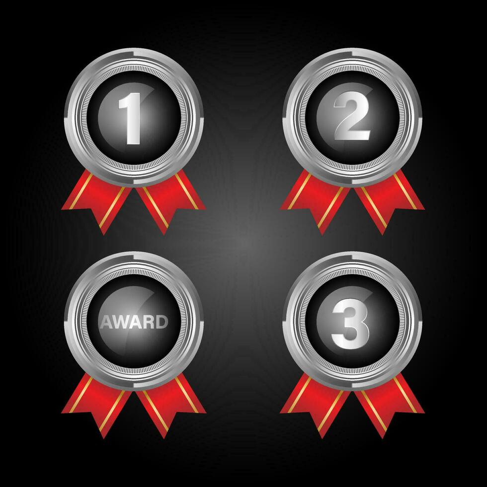 1:a, 2:a, 3:e sporter utmärkelser tre medaljer, silver- isolerat på en svart bakgrund. vektor illustration