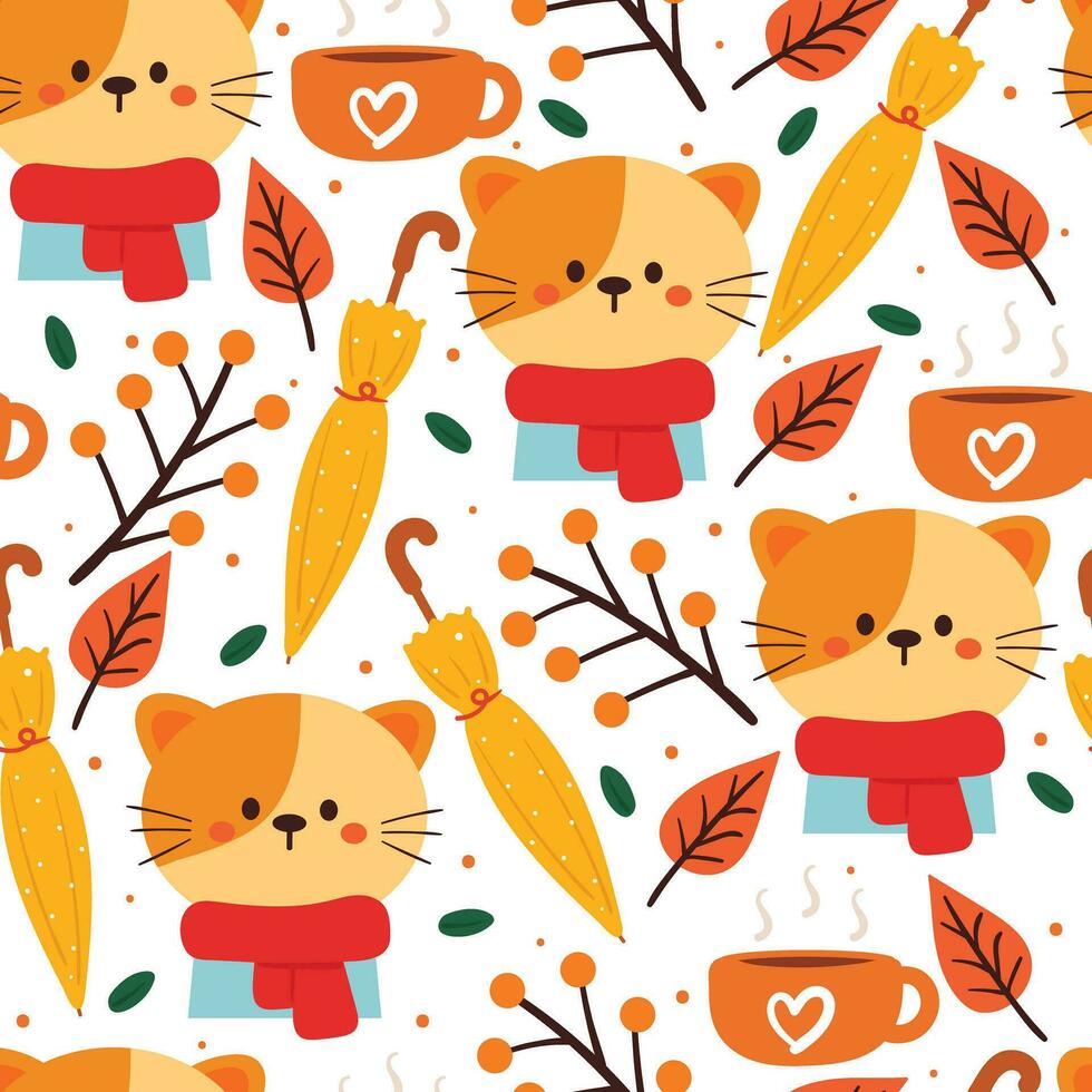 nahtlos Muster Karikatur Katze, Blätter und Herbst Stimmung Element. süß Herbst Hintergrund zum Urlaub. Design zum Stoff, eben Design, Geschenk wickeln Papier vektor