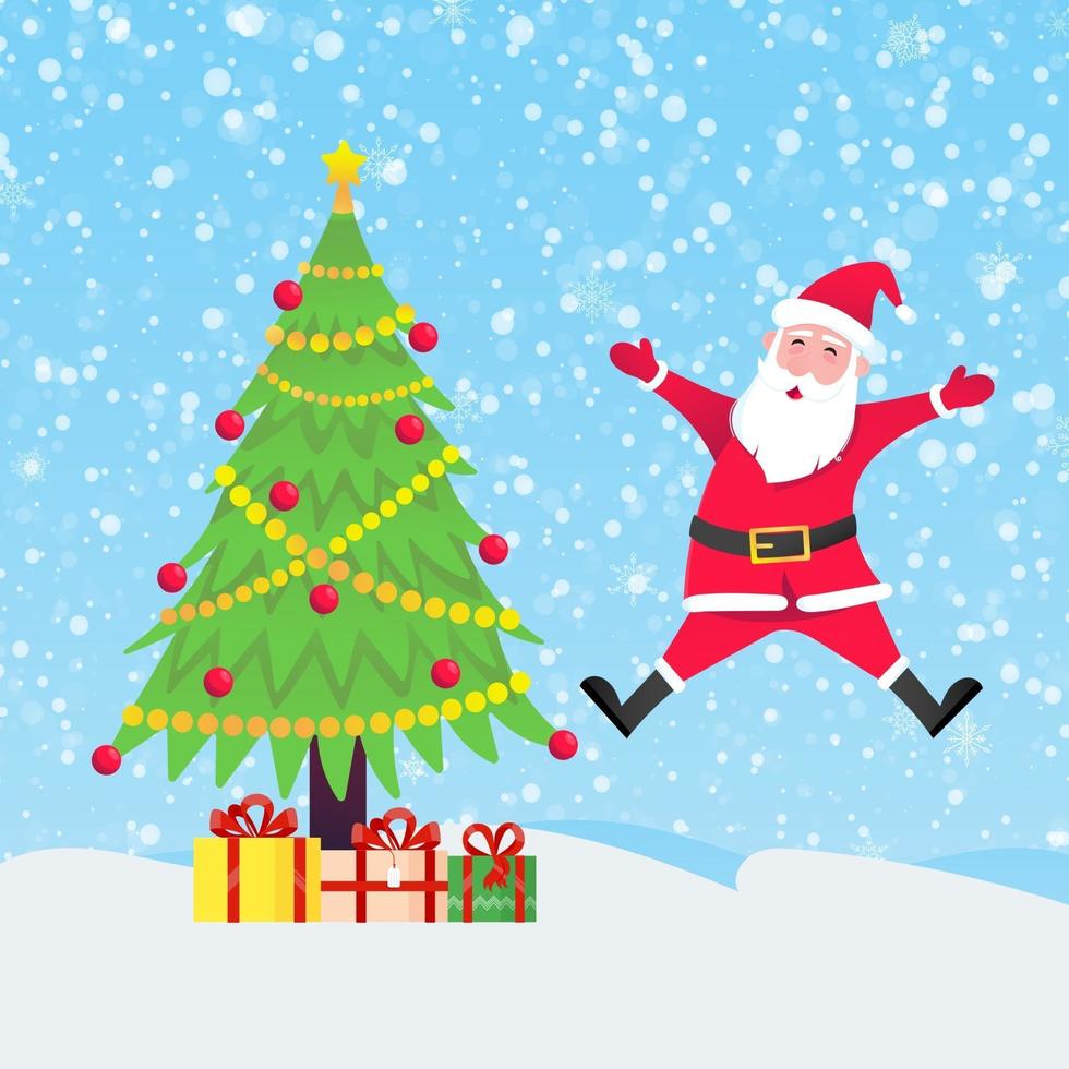 Weihnachtsmann mit Weihnachtsbaumtanne und Geschenken, die mit fallendem Schnee springen vektor