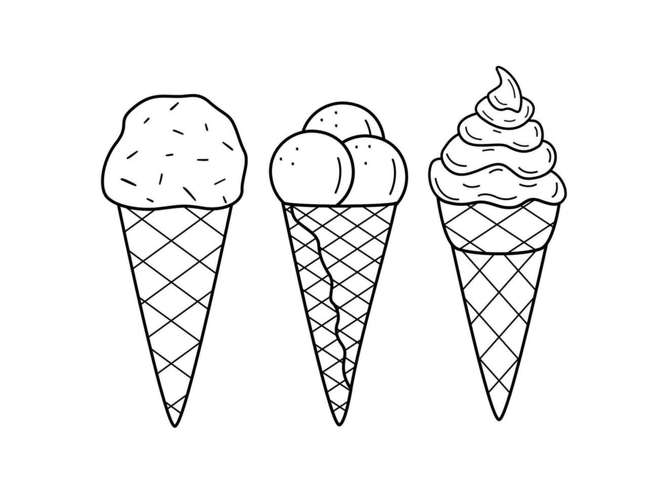 tecknad serie uppsättning av ritningar av is grädde i våffla koppar kon. vektor klotter illustration av en sommar efterrätt skiss.