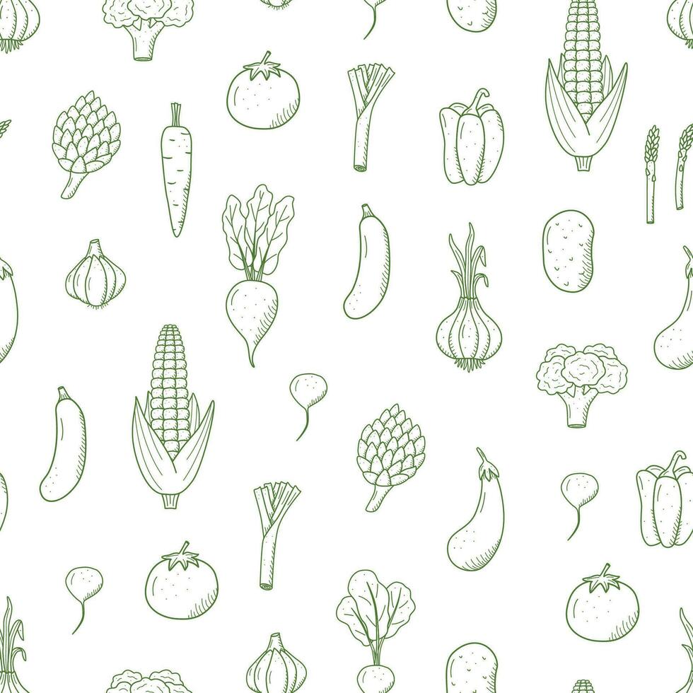 sömlös mönster av teckning grönsaker i klotter stil. en uppsättning av vektor illustrationer av de skörda majs potatisar morötter rädisor betor vitlök lök tomater, etc.