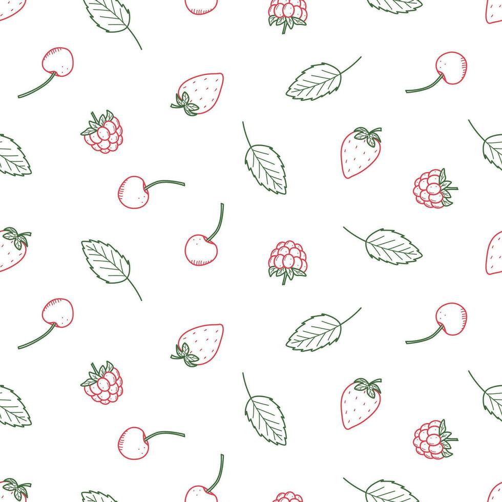 nahtlos Muster Sommer- Süss Beeren Gekritzel Symbole. Vektor Illustration Hintergrund Himbeere Erdbeere Kirsche und Minze Blätter.