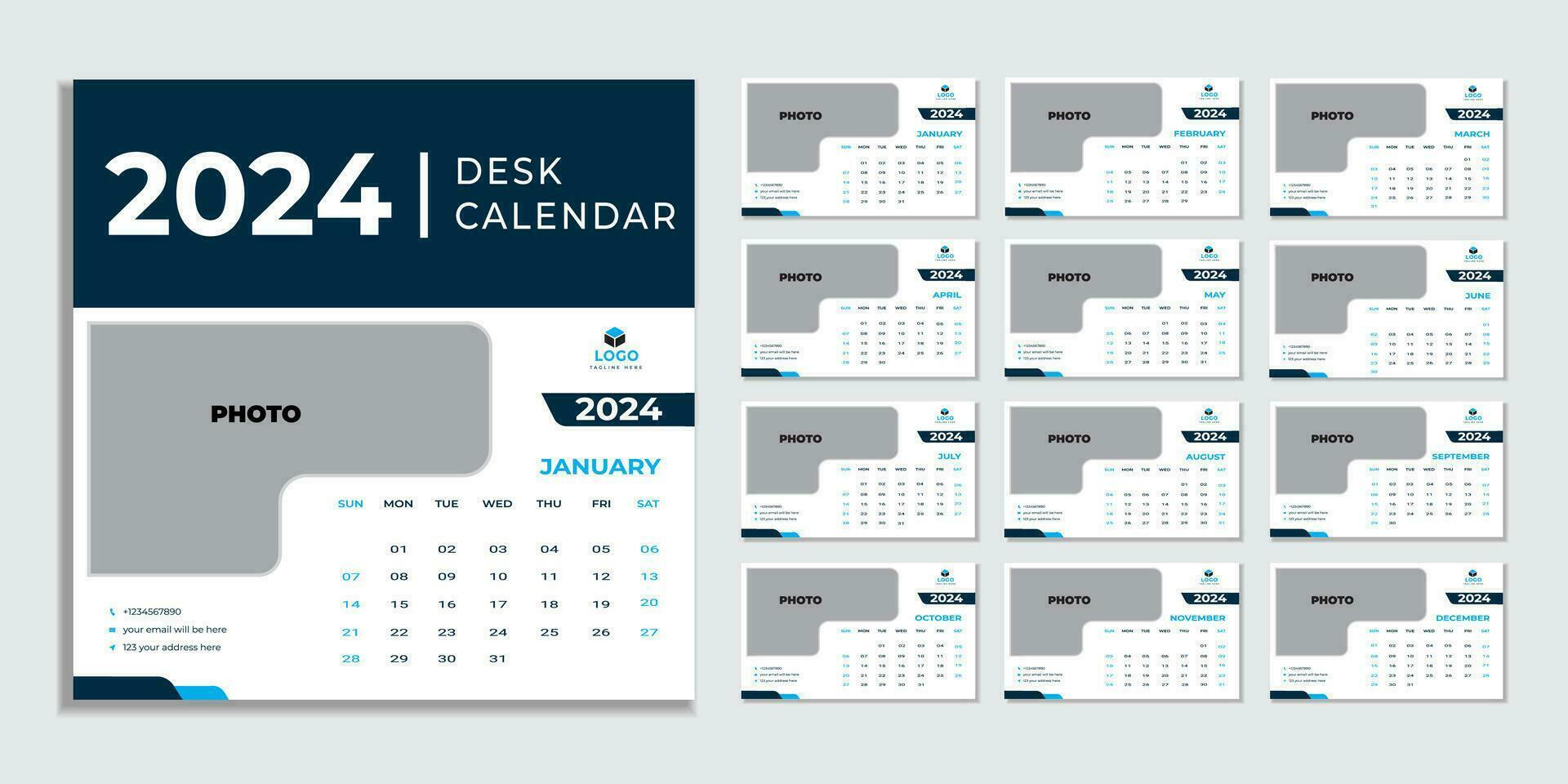 en gång i månaden kalender mall för 2024 år. vägg kalender i en minimalistisk stil. kalender 2024 vecka Start söndag företags- design planerare mall. vektor