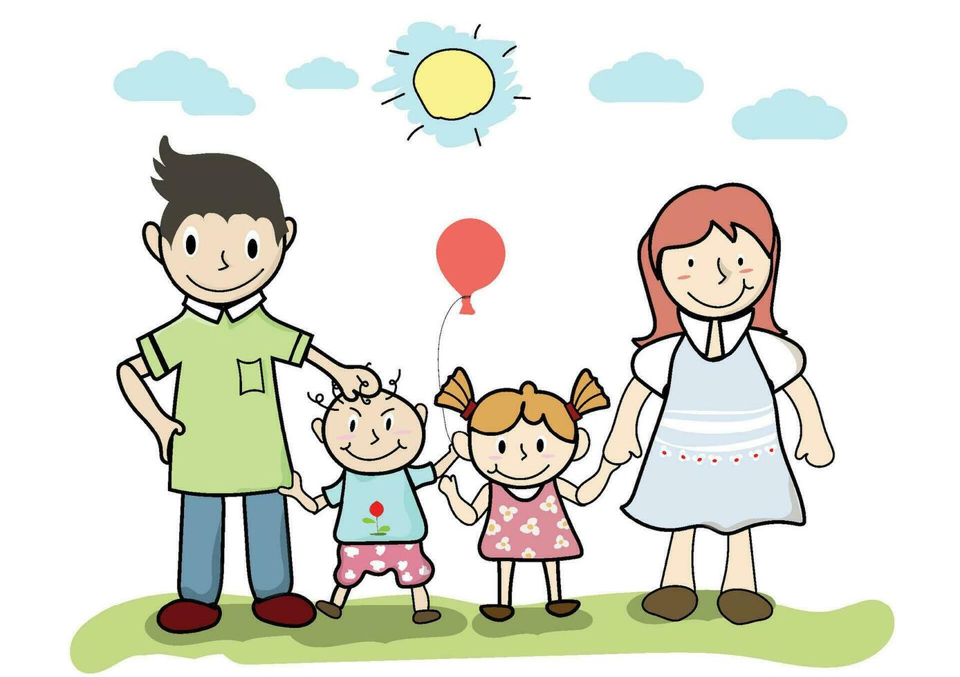 groß Familie. Vater und Mutter mit ihr Kinder sind stehend.glücklich Eltern mit Tochter und Sohn.Cartoon, entspannt Menschen, Vektor glücklich Familie und Karikatur Konzept.