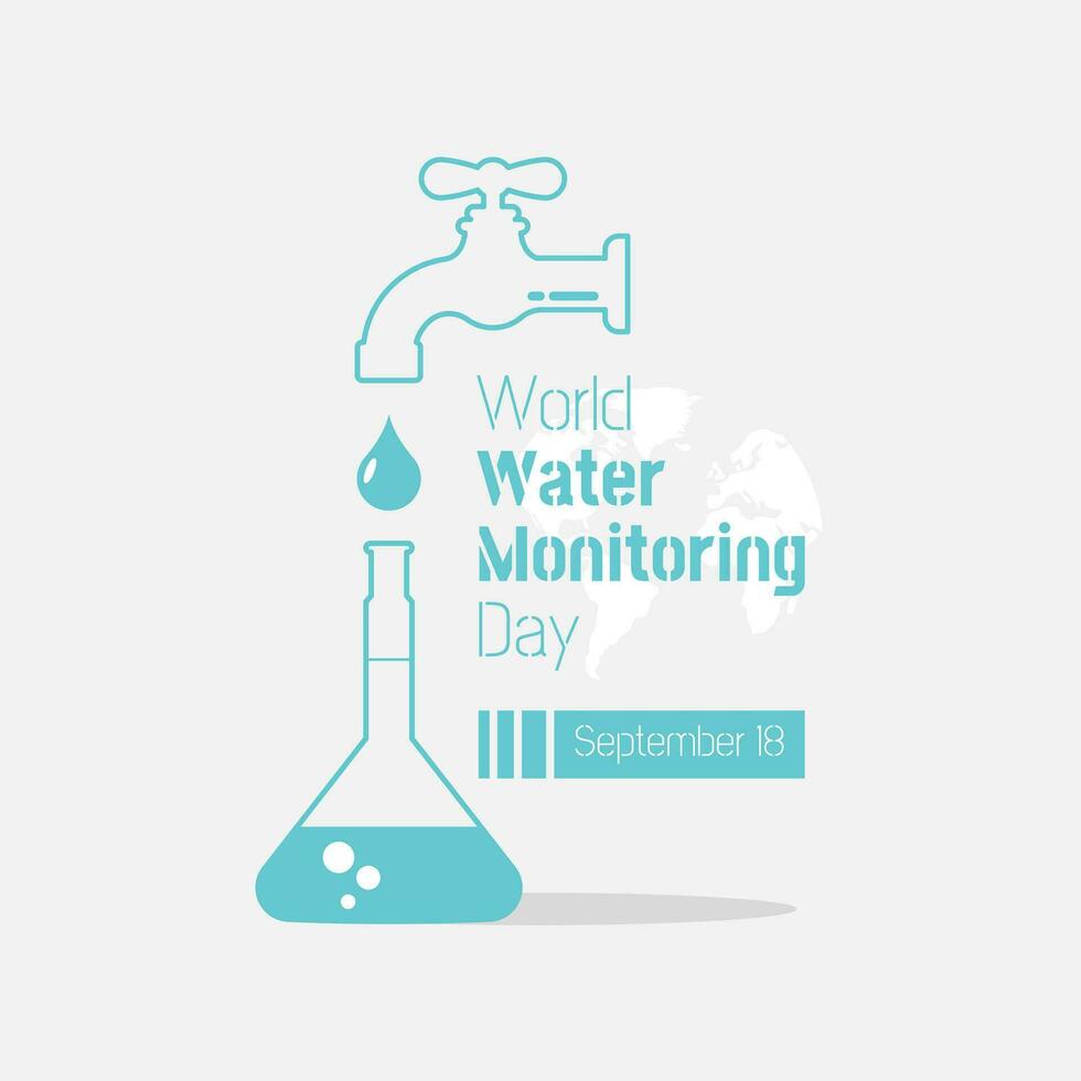 värld vatten övervakning dag hälsning med vatten droppande från de kran in i de mätning flaska vektor