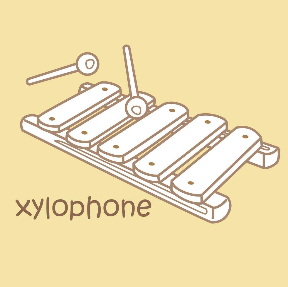 Alphabet x zum Xylophon Wortschatz Schule Lektion lesen Karikatur Digital Briefmarke Gliederung vektor