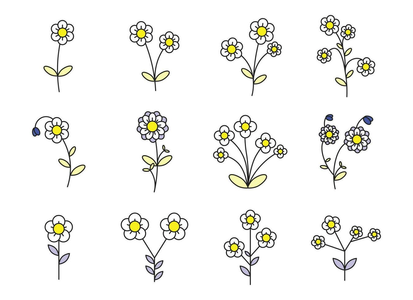 solros platt illustration uppsättning. solrosor ikon design isolerat på vit bakgrund. gul blommig botanik sommar. vektor illustration