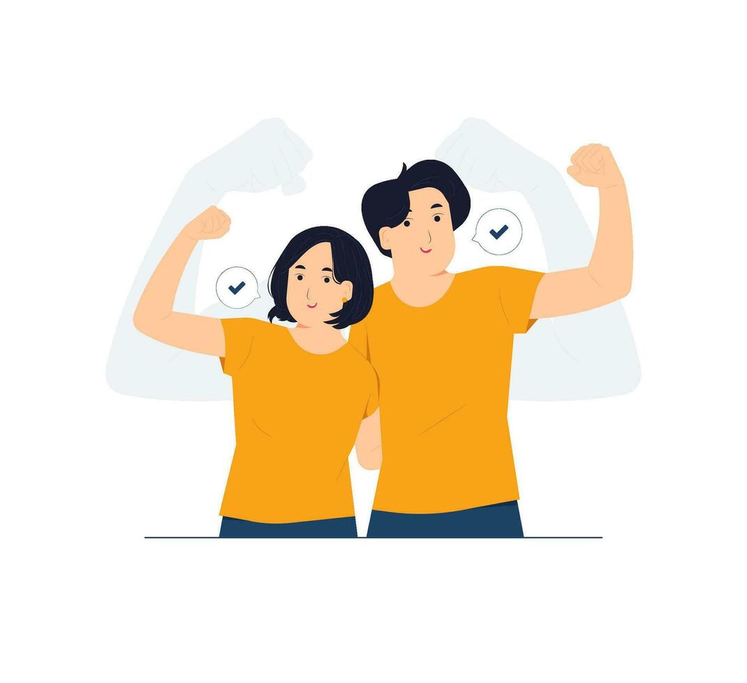 stark kraftfull sportig kondition par två vänner man kvinna höjer vapen som visar biceps, se på min muskler inre styrka begrepp illustration vektor