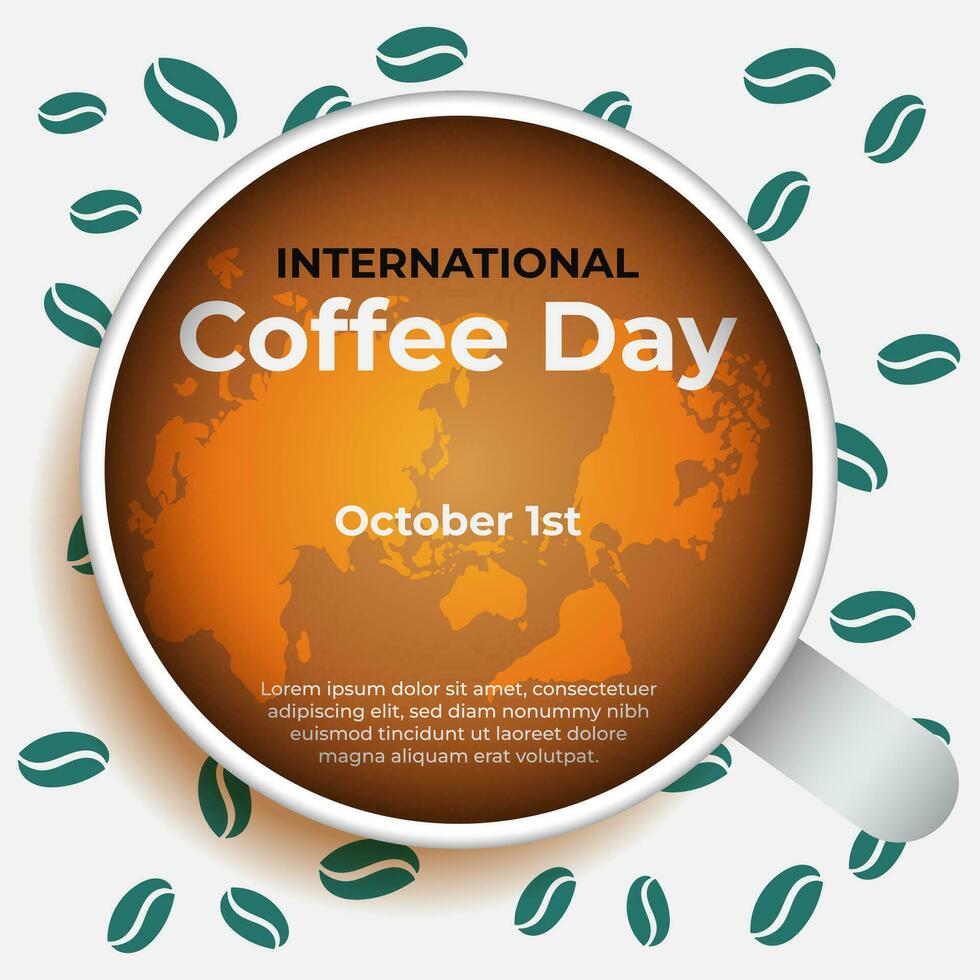 International Kaffee Tag. Kaffee Tasse mit Schaum Bildung ein Welt Karte. vektor