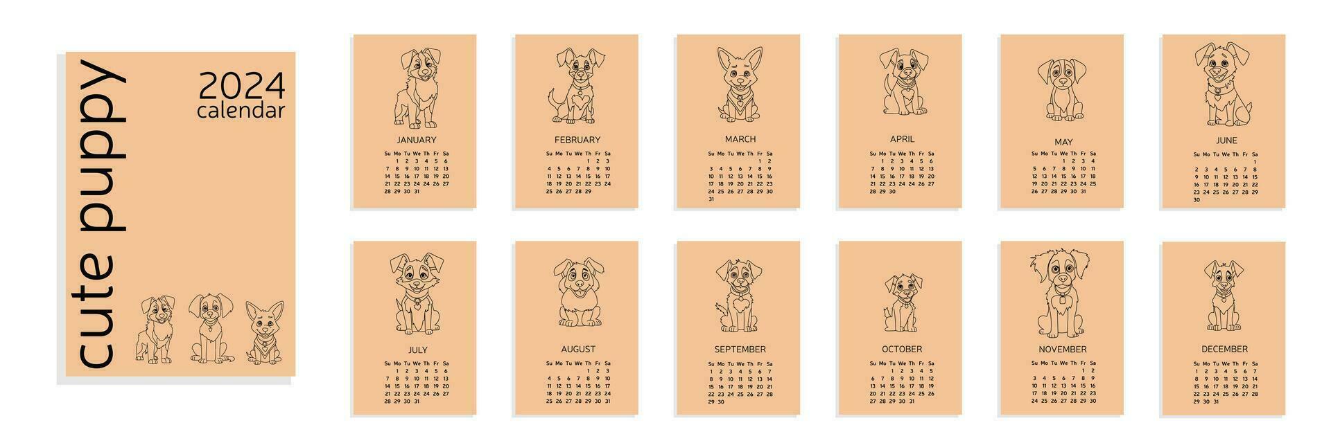 kalender a4 2024 med söt liten hund i klotter stil, hand dra sällskapsdjur. kalender 2024 med valp. vecka Start på söndag. vektor illustration