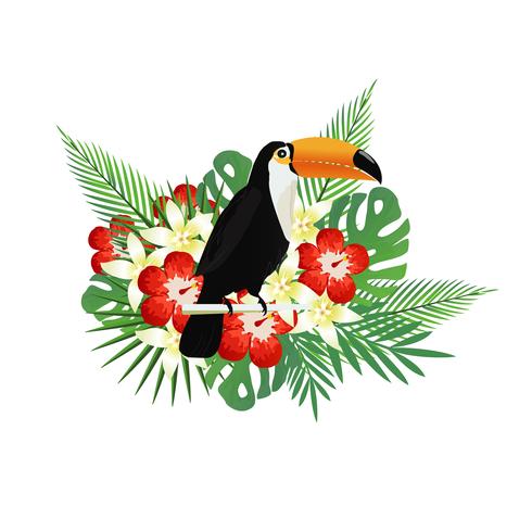 Tropischer Hintergrund mit Tukan, Blumen und tropischen Blättern vektor