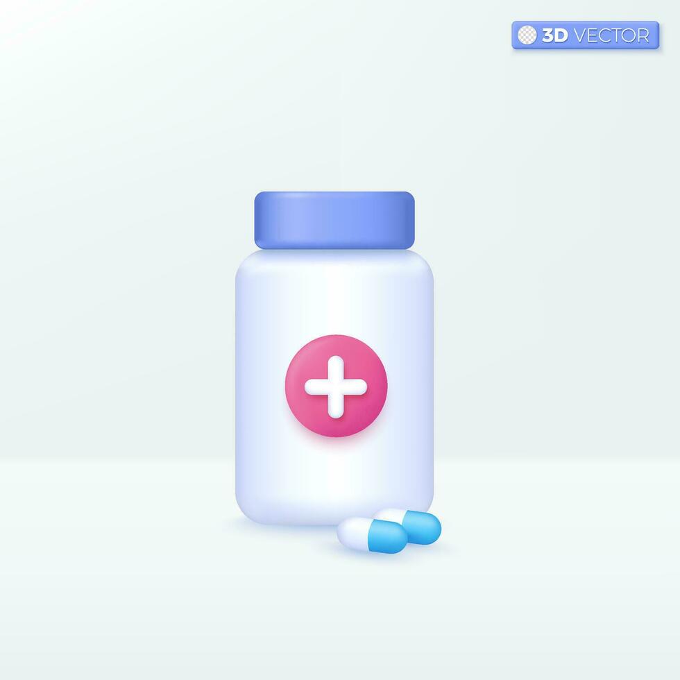 Droge Flasche und Kapsel Pille Symbol Symbole. Antibiotikum Behandlung, Medizin Gesundheit Konzept. 3d Vektor isoliert Illustration Design. Karikatur Pastell- minimal Stil. Sie können benutzt zum Design ux, ui, drucken Anzeige