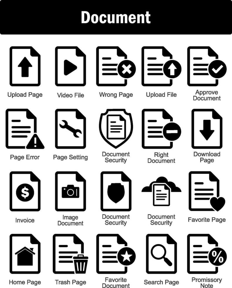 en uppsättning av 20 dokumentera ikoner som ladda upp sida, video fil, fel sida vektor