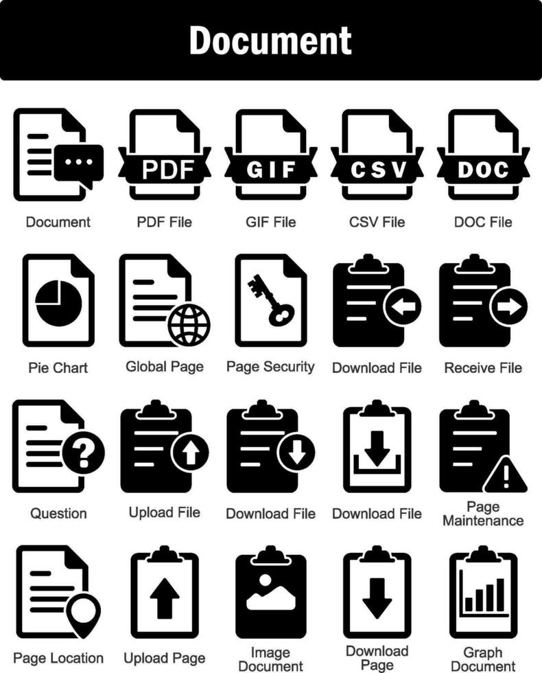 ein einstellen von 20 dokumentieren Symbole wie dokumentieren, pdf Datei, gif Datei vektor