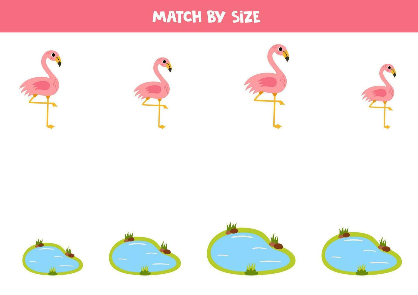 Spiel süß Flamingos und Wasser Teiche durch Größe. lehrreich logisch Spiel zum Kinder. vektor