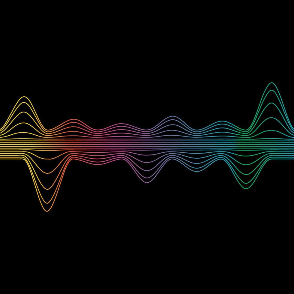 Klang Welle Regenbogen wellig Linie Steigungen. Radio Frequenz. abstrakt geometrisch gestalten auf ein schwarz Hintergrund. Vektor Illustration