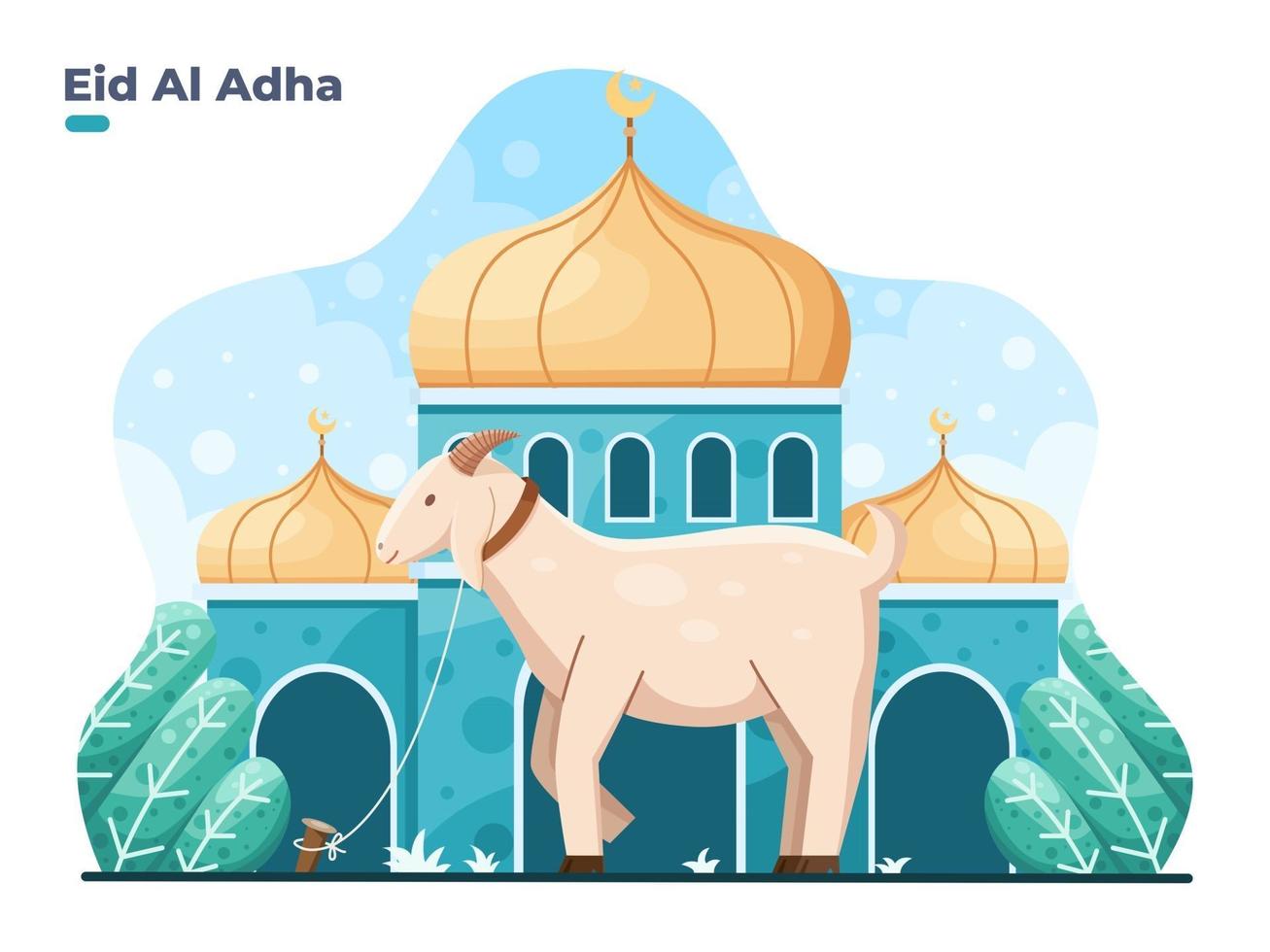 eid al adha platt vektorillustration med get eller fårdjur framför moskén selamat hari raya idul adha betyder glad eid aladha kallas också offerfestival vektor