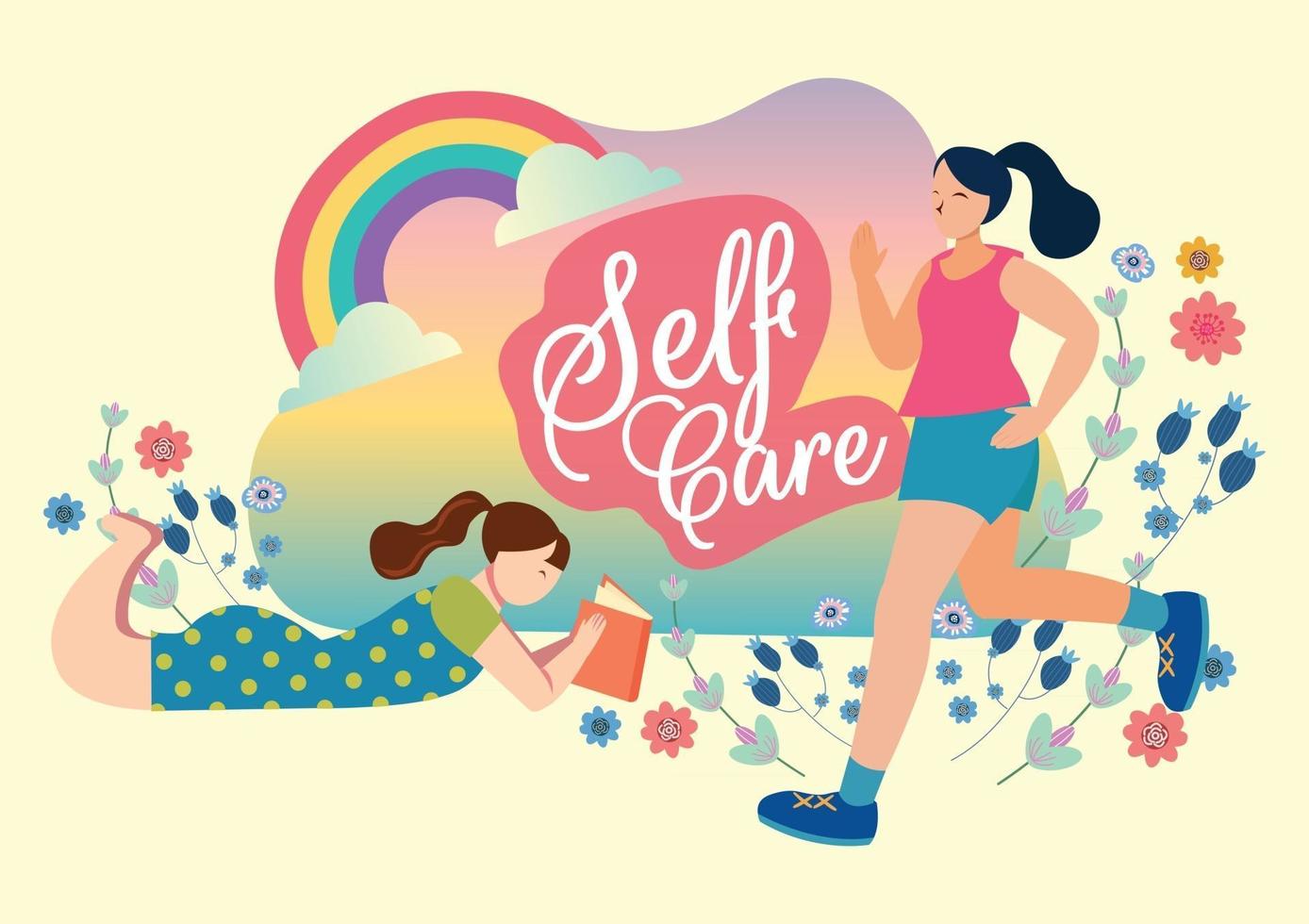 Self-Care-Konzept Mädchen liest Buch und Joggen vektor