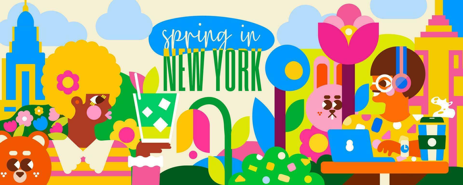 tauchen du selber im Frühling im Neu York mit diese beschwingt Illustration. Gefühl das Energie von das Stadt unter das Menschen, das Grün Park und das berühmt Wolkenkratzer. vektor
