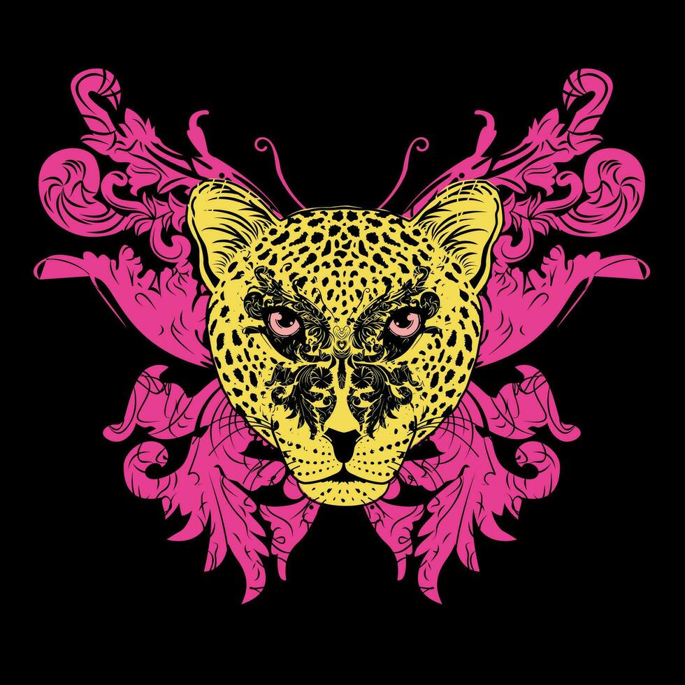 Leopard Gesicht und Rosa Schmetterling Design zum T-Shirt auf ein schwarz Hintergrund. vektor