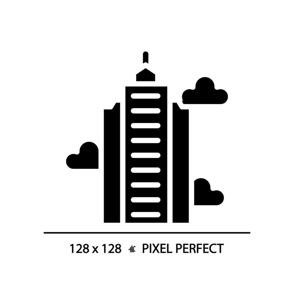 2d Pixel perfekt Glyphe Stil Wolkenkratzer Symbol, isoliert Vektor, Silhouette Gebäude Illustration. vektor